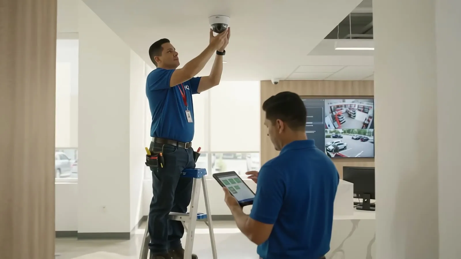Técnico instalando una cámara de seguridad mientras un compañero revisa la imagen en una tableta