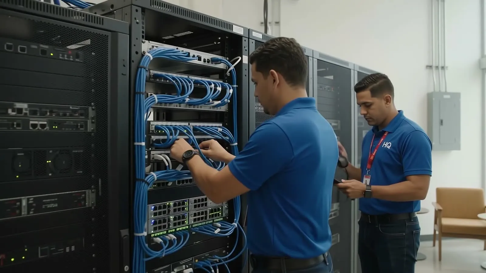 Técnicos organizando el cableado de red en un gabinete