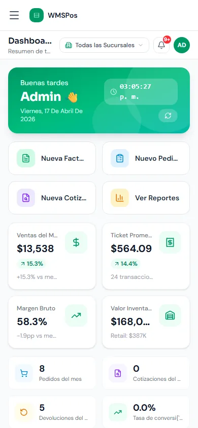 Tablero de WMSPos en el celular con ventas del mes, ticket promedio y margen
