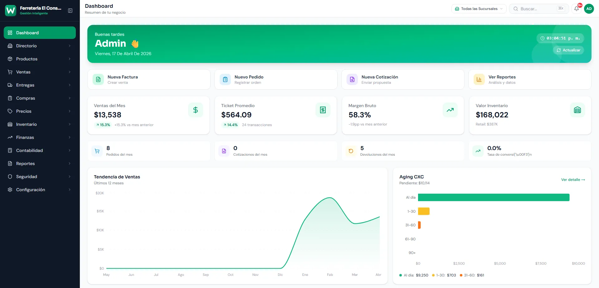 WMSPos back office dashboard, with demo data