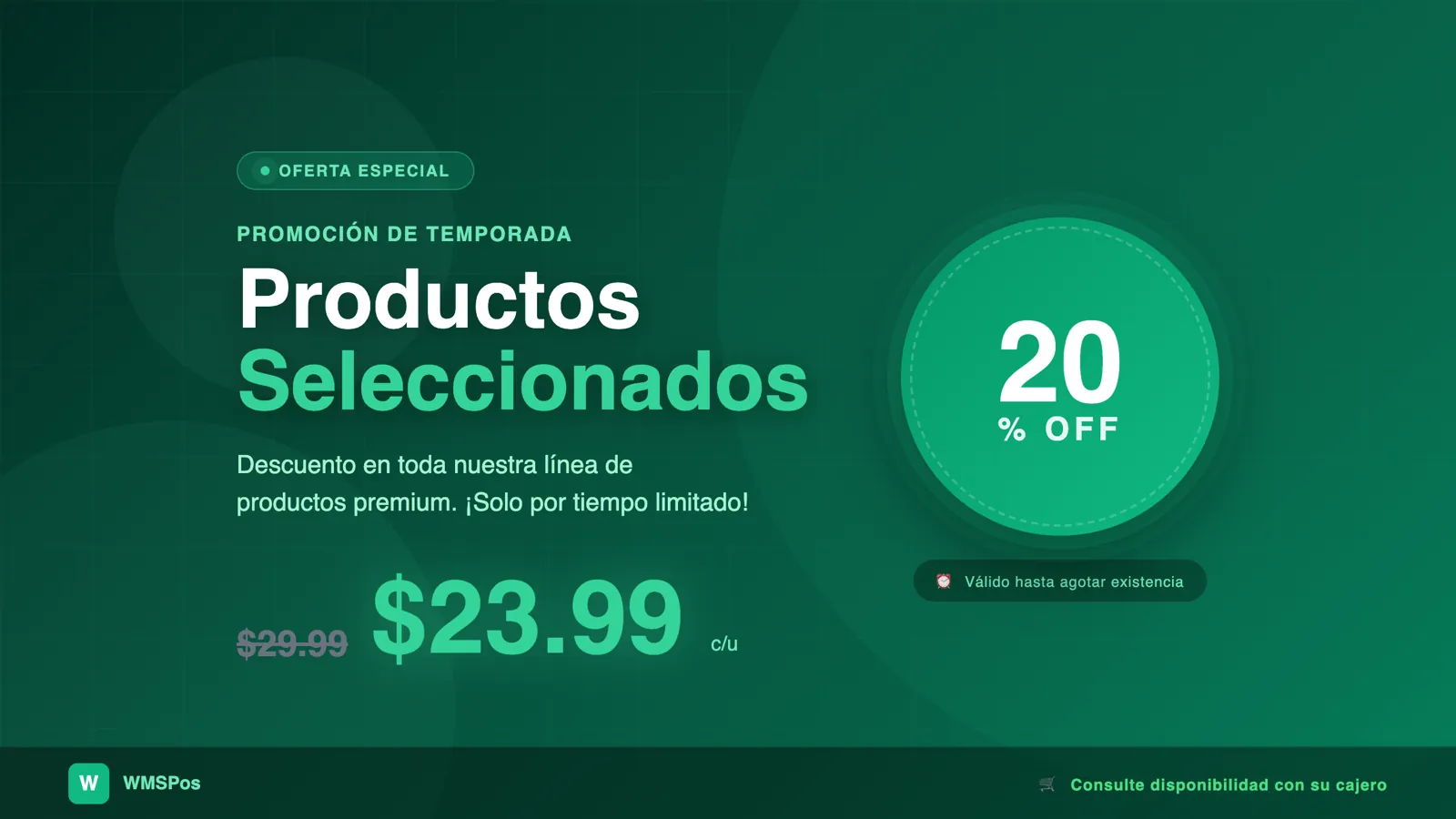 Pantalla del cliente de WMSPos mostrando una promoción de temporada con 20 % de descuento